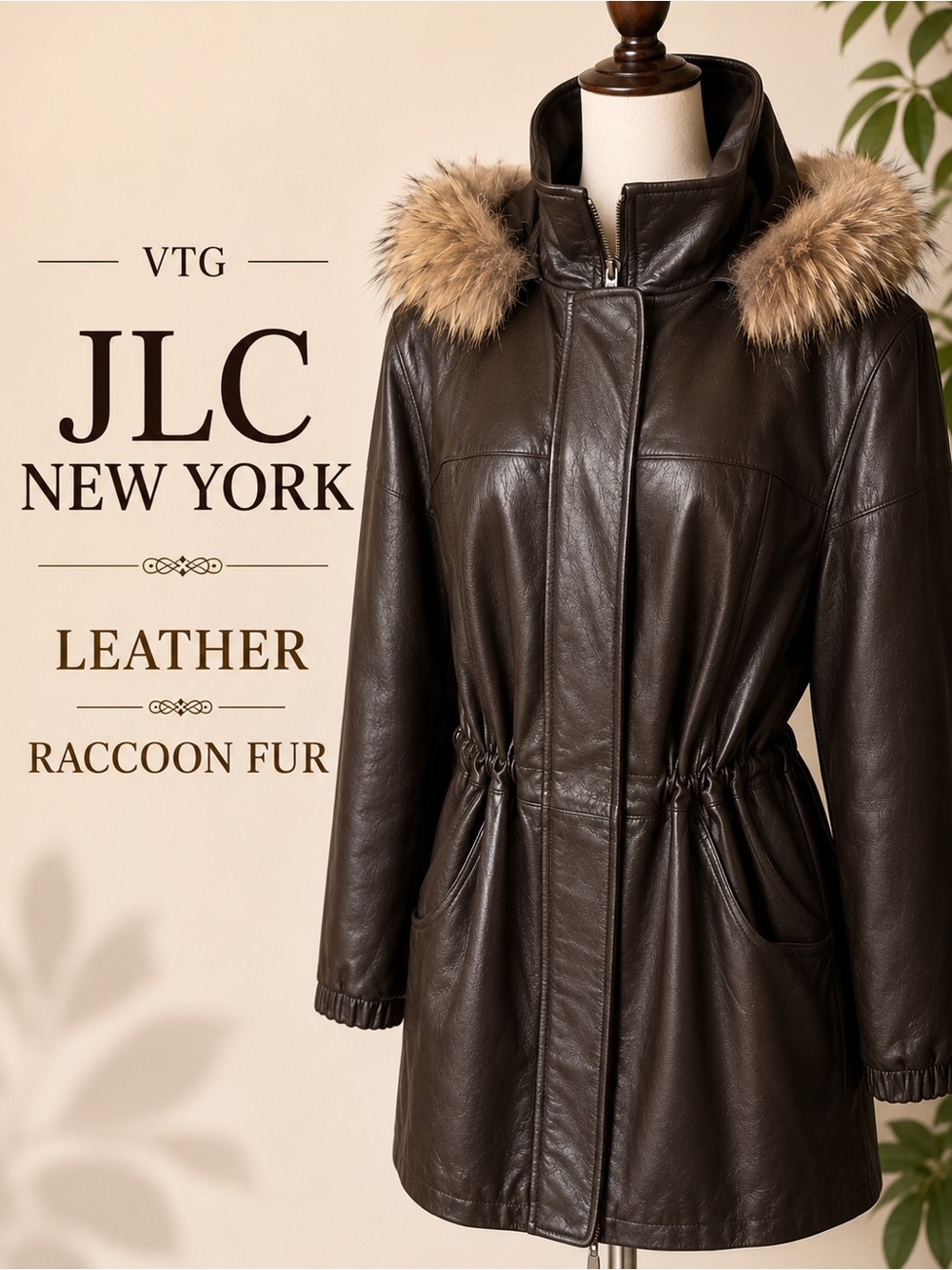 JLC New York Women's Dark Brown Leather Jacket with Raccoon Fur Hood